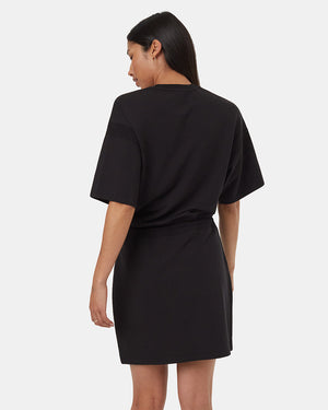 Black-Crew-Neck-Drawcord-Shortsleeve-Mini-Dress