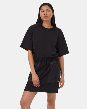 Black-Crew-Neck-Drawcord-Shortsleeve-Mini-Dress