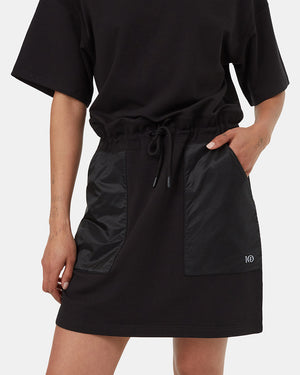 Black-Crew-Neck-Drawcord-Shortsleeve-Mini-Dress