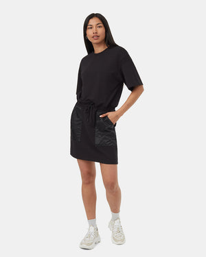 Black-Crew-Neck-Drawcord-Shortsleeve-Mini-Dress