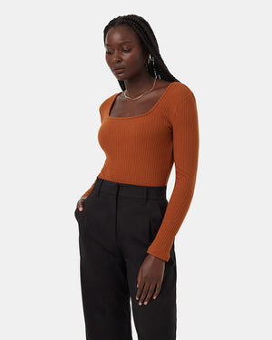 Brown-Box-Neck-Ribbed-Long-Sleeve-Top