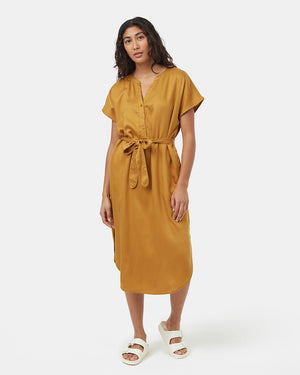 Brown-V-Neck-Cap-Sleeve-Belted-Midi-Dress