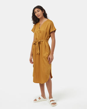 Brown-V-Neck-Cap-Sleeve-Belted-Midi-Dress