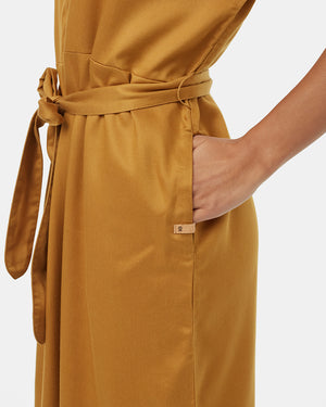 Brown-V-Neck-Cap-Sleeve-Belted-Midi-Dress