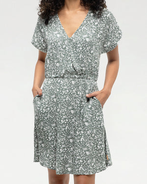 Green-Knee-Length-V-Neck-Patterned-Wrap-Dress