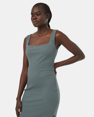 Green-Rib-Square-Neck-Slim-Fit-Midi-Dress