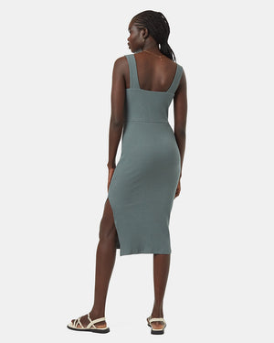 Green-Rib-Square-Neck-Slim-Fit-Midi-Dress