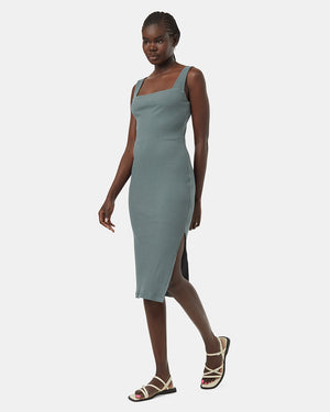 Green-Rib-Square-Neck-Slim-Fit-Midi-Dress