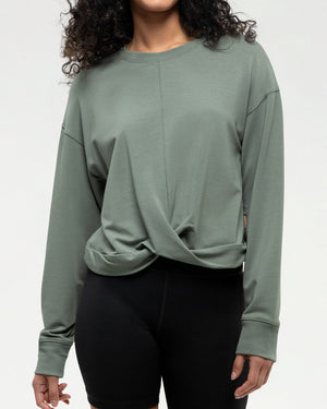 Green-Ribbed-Crew-Neck-Twisted-Front-Sweatshirt