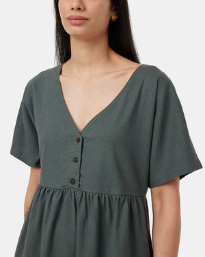 Green-V-Neck-Relaxed-Fit-Buttoned-Dress