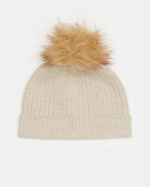 Gray,White Wool Ribbed Knit Pom Toque