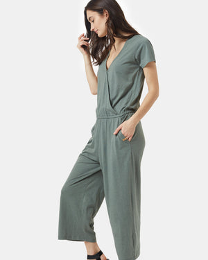 Green Women's V-Neck Knit Jumpsuit