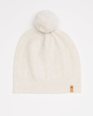 White Wool Cable Knit Pom Toque